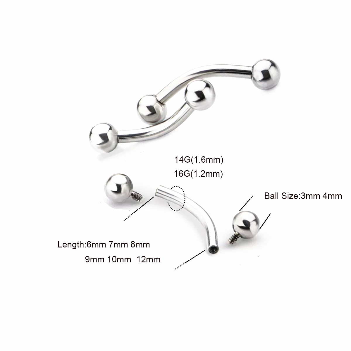 10 Pcs ASTM F136 Titanium 14G  - огляд і ціна Eyebrow Curved Barbell