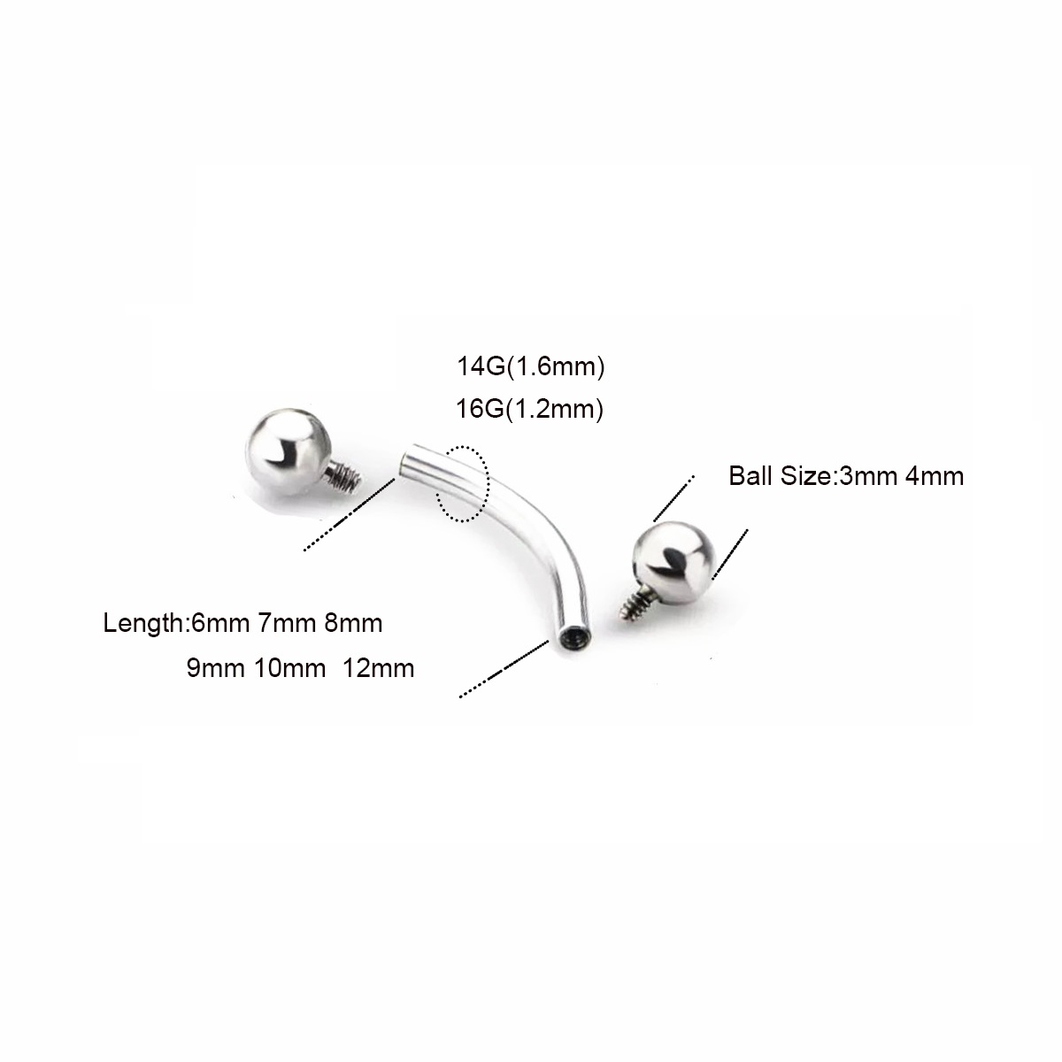 10 Pcs ASTM F136 Titanium 14G  - огляд і ціна Eyebrow Curved Barbell