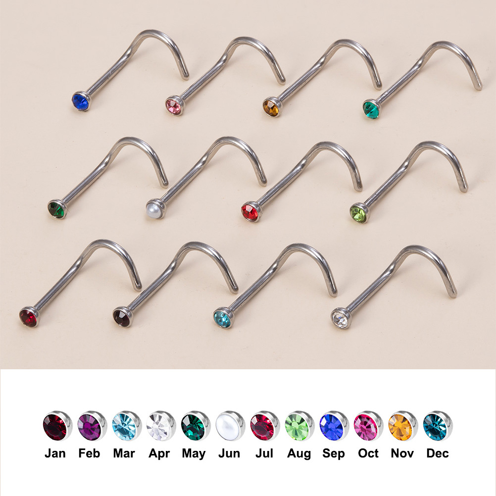 12PCS Birthstone CZ Nose Stud  - огляд і ціна Nostril Screw Pin
