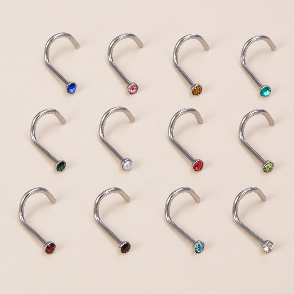 12PCS Birthstone CZ Nose Stud  - огляд і ціна Nostril Screw Pin